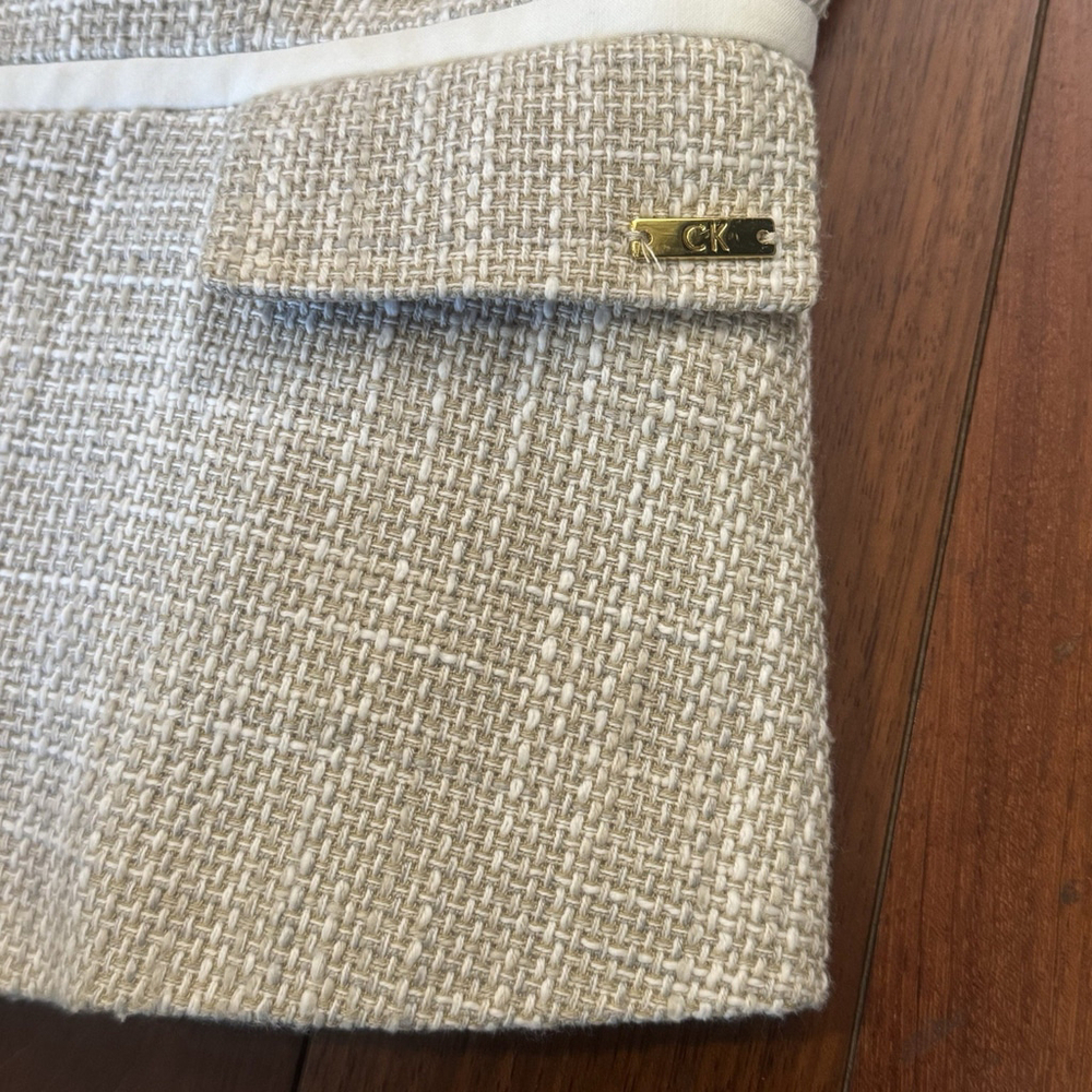 Calvin Klein Cotton Blend Tweed Blazer Jacket Size:4P Ivory Zip up Lined Pockets - Picture 12 of 14